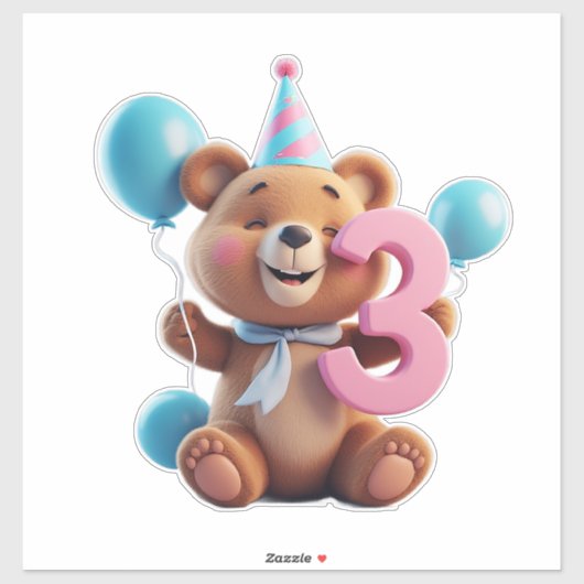 パーティーハットと風船を持つかわいい誕生日のクマ シール (シート)