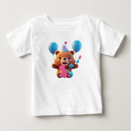 パーティーハットと風船を持つかわいい誕生日のクマ ベビーTシャツ