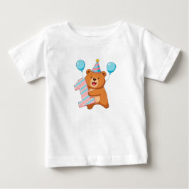 パーティーハットと風船を持つかわいい誕生日のクマ ベビーTシャツ