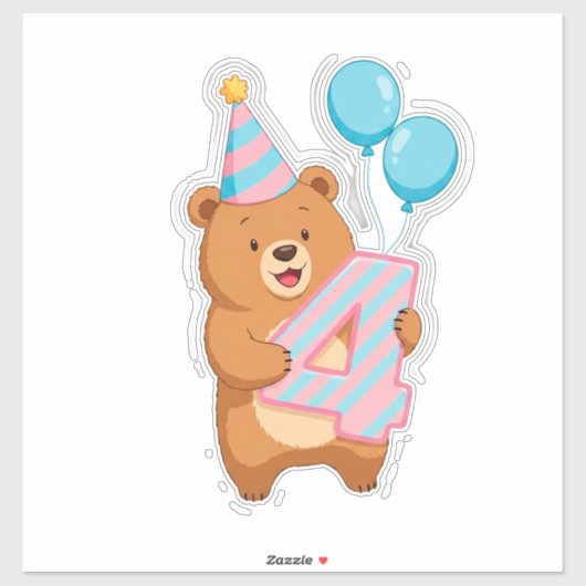 パーティーハットと風船を持つ可愛い誕生日の熊 シール (シート)