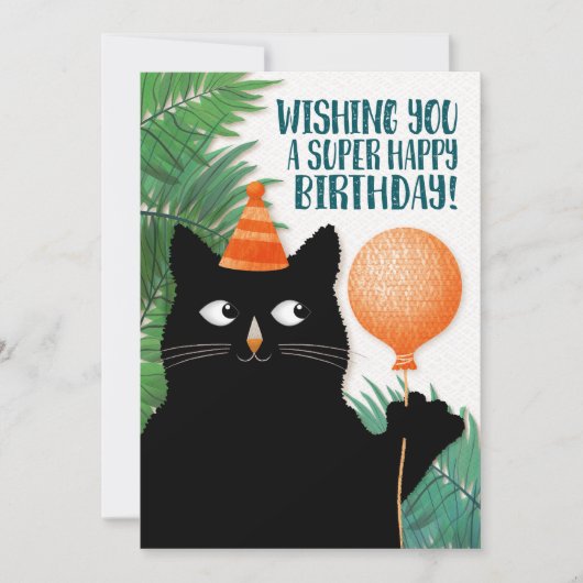 パーティーハットと風船を持つ猫の誕生日 カード (正面)
