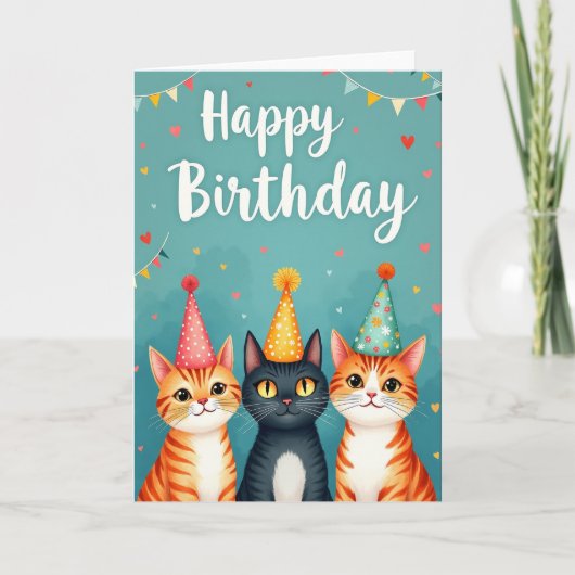 パーティーハットの猫の誕生日カード カード (正面)