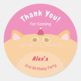 パーティーハットの猫の誕生日ピンクのサンクスギュークラシック ラウンドシール