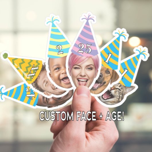 パーティーハットをかぶったおもしろ誕生日顔 + カスタム年齢 シール