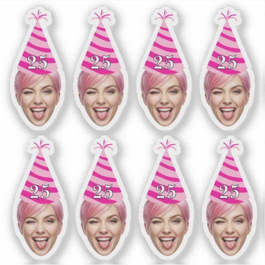パーティーハットをかぶったおもしろ誕生日顔 + カスタム年齢 シール (正面)