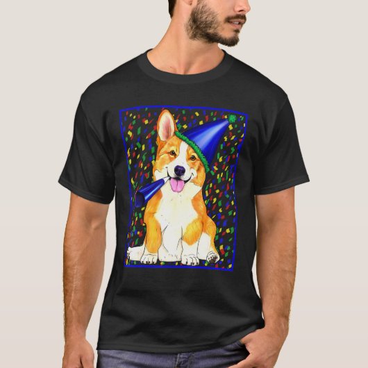 パーティーハットをかぶったコーギーのお祝い Tシャツ (正面)