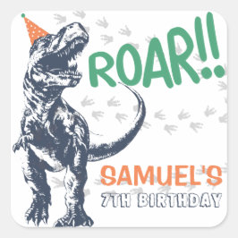 パーティーハットをかぶったティラノサウルスの誕生日パーティー スクエアシール