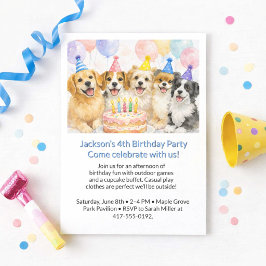 パーティーハットをかぶった犬たちと一緒の男の子の誕生日パーティー 招待状