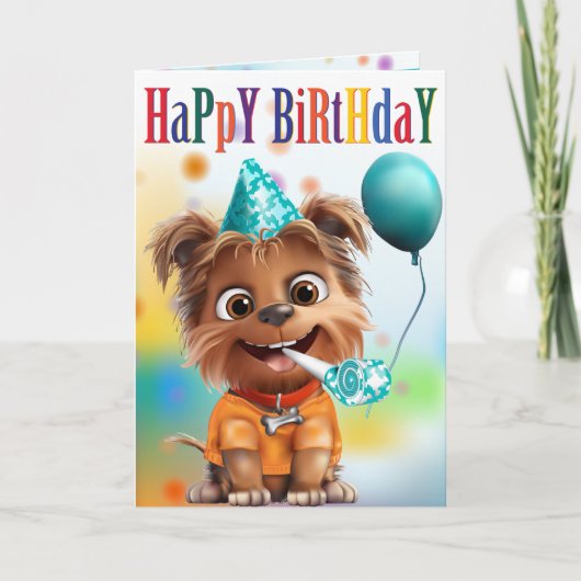 パーティーハットをかぶった犬の誕生日 カード (正面)