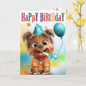 パーティーハットをかぶった犬の誕生日 カード (黄色い花)