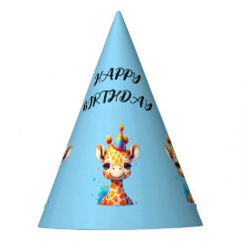 パーティーハットをかぶった赤ちゃんのキリン 誕生日 青 パーティーハット