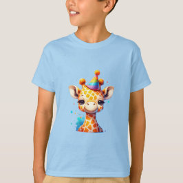 パーティーハットをかぶった赤ちゃんのキリン 誕生日 青 Tシャツ