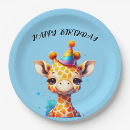 パーティーハットをかぶった赤ちゃんキリン 誕生日 ペーパープレート
