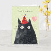 パーティーハットをかぶった黒猫の面白い誕生日カード カード (黄色い花)