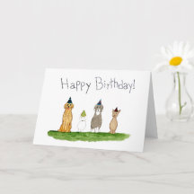 パーティーハットをかぶった4匹の犬の誕生日