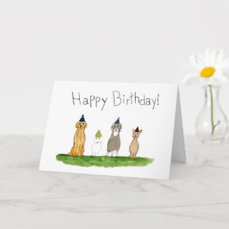 パーティーハットをかぶった4匹の犬の誕生日 カード