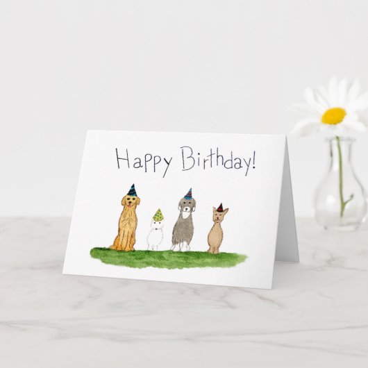 パーティーハットをかぶった4匹の犬の誕生日 カード (小さな植物)