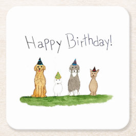 パーティーハットをかぶった4匹の犬の誕生日 スクエアペーパーコースター
