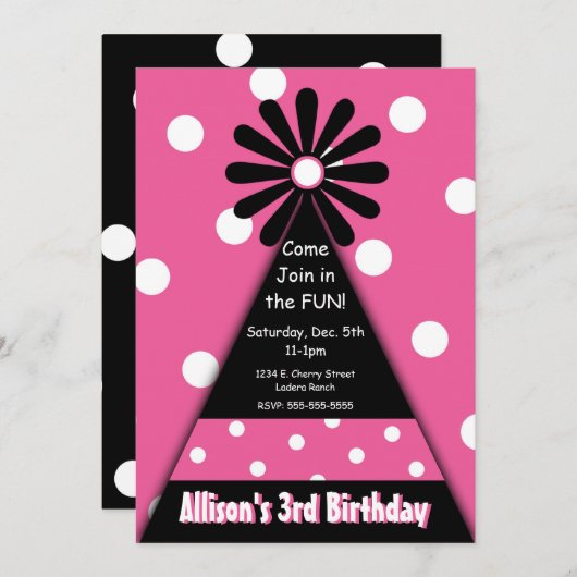 パーティーハットウィズピンク水玉模様招待状 招待状 (正面/裏面)