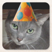 パーティーハットグレーキャット スクエアペーパーコースター (正面)