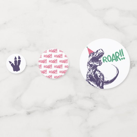 パーティーハットピンクと紫の誕生日の恐竜Tレックス コンフェッティ (正面)