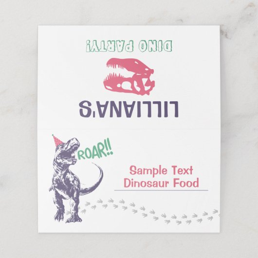 パーティーハットピンクと紫の誕生日の恐竜Tレックス プレイスカード (外部開封)