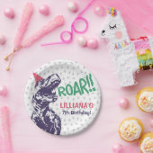 パーティーハットピンクと紫の誕生日の恐竜Tレックス ペーパープレート (パーティー)