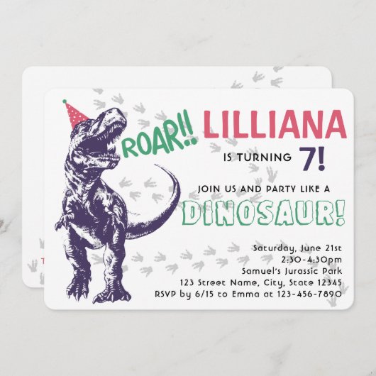 パーティーハットピンクと紫の誕生日の恐竜Tレックス 招待状 (正面/裏面)