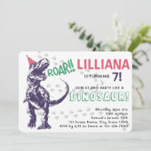 パーティーハットピンクと紫の誕生日の恐竜Tレックス 招待状 (スタンド正面)