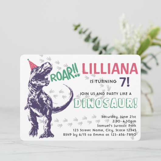 パーティーハットピンクと紫の誕生日の恐竜Tレックス 招待状 (スタンド正面)
