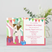 パーティーハットピンクの女の子の誕生日パーティーを着ている犬 招待状 (スタンド正面)