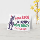 パーティーハットピンクレックスの恐竜Tハッピーバースデー カード (黄色い花)