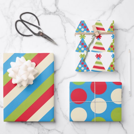パーティーハット水玉模様ストライプのギフトラップシート ラッピングペーパーシート (正面)