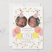 パーティーハット&バルーンフォトツイン女子1歳の誕生日 招待状 (正面)