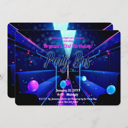 パーティーバスグローパーティークラブホッピング21st誕生日 招待状 (正面/裏面)