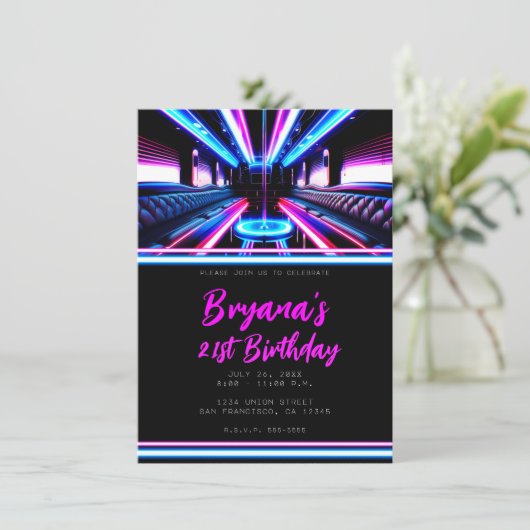 パーティーバスグローライトダンスフロア誕生日パーティー 招待状 (スタンド正面)