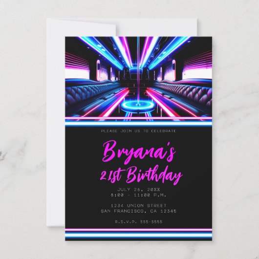 パーティーバスグローライトダンスフロア誕生日パーティー 招待状 (正面)