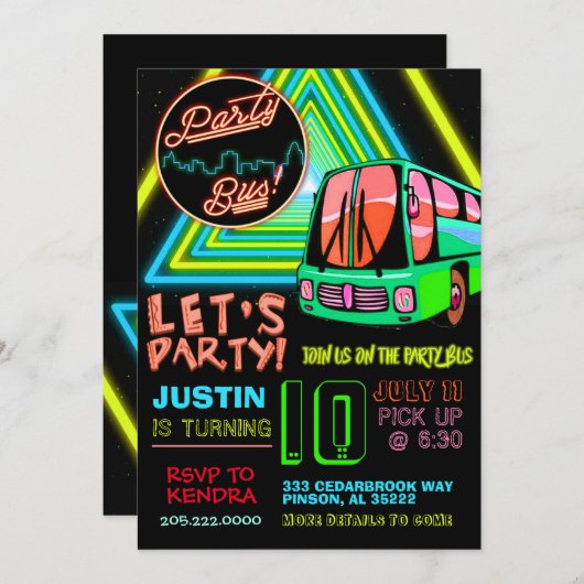 パーティーバス誕生日招待状 招待状 (正面/裏面)