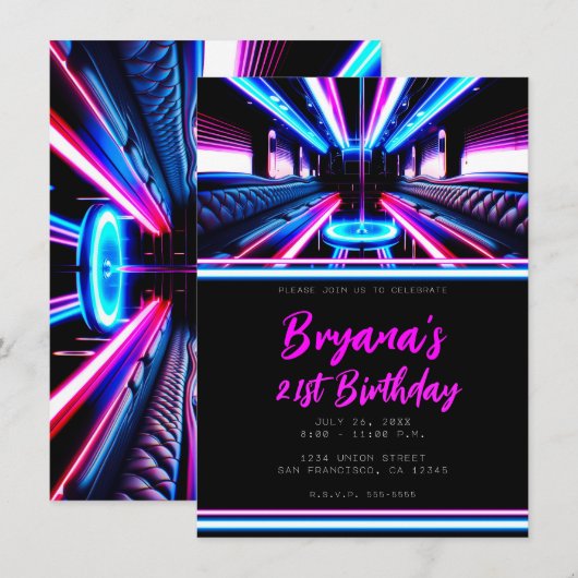 パーティーバス グローライト ダンスフロア 誕生日パーティー 招待状 (正面/裏面)
