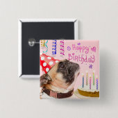 パーティーパグとお誕生日ケーキかわいい 缶バッジ (正面&裏面)