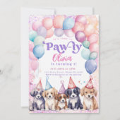 パーティーパピーの誕生日招待状 犬のパーティー 少女 招待状 (正面)
