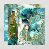 パーティーパーティーマスクシャンパンブルー金ゴールドマスカレード 招待状 (正面/裏面)