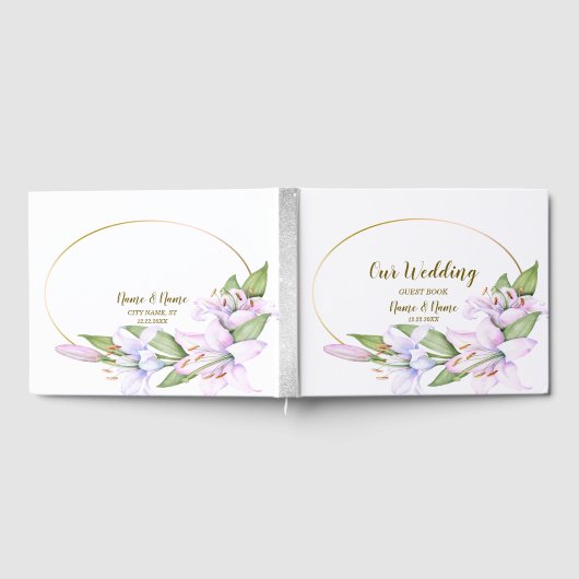 パーティーピンクのユリの花ゴールデンフレームビューティフル ゲストブック (全面)