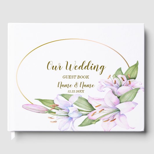 パーティーピンクのユリの花ゴールデンフレームビューティフル ゲストブック (正面)