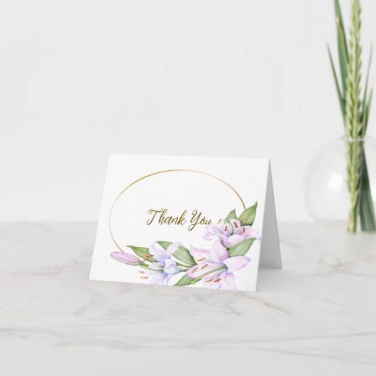 パーティーピンクのユリの花ゴールデンフレームビューティフル サンキューカード (正面)