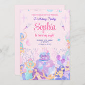 パーティーピンクよくはしゃぐマーメイド誕生日招待状 招待状 (正面/裏面)