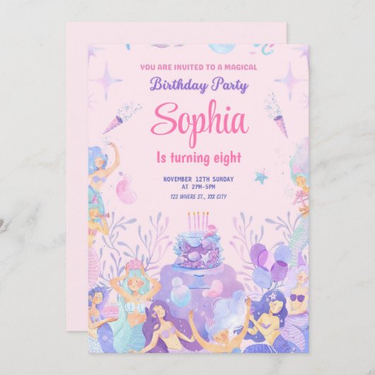 パーティーピンクよくはしゃぐマーメイド誕生日招待状 招待状 (正面/裏面)