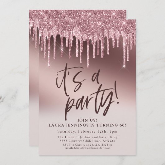 パーティーピンクグリッター60誕生日 招待状 (正面/裏面)