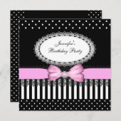 パーティーピンクボウ白黒水玉模様 招待状 (正面/裏面)