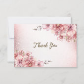 パーティーピンク水彩フラワーシャイニーグリッター モダン サンキューカード (正面)